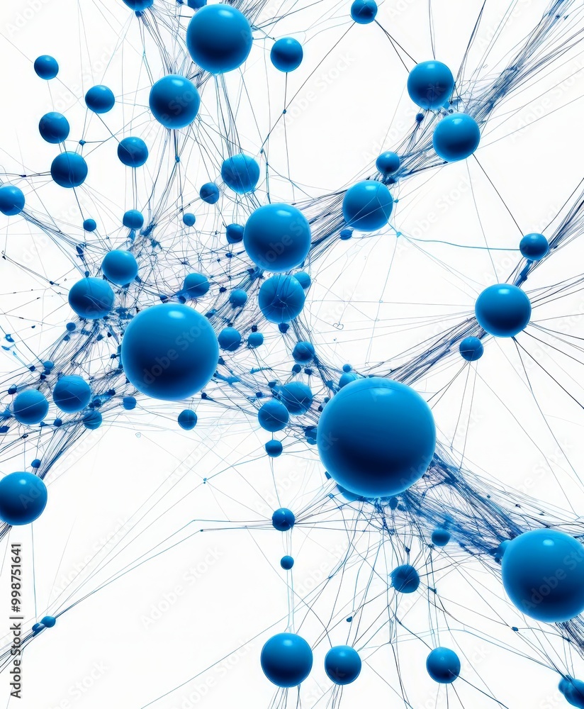 Poster a complex network of interconnected blue spheres, each connected by a network of lines, creating a visually striking and abstract representation of a