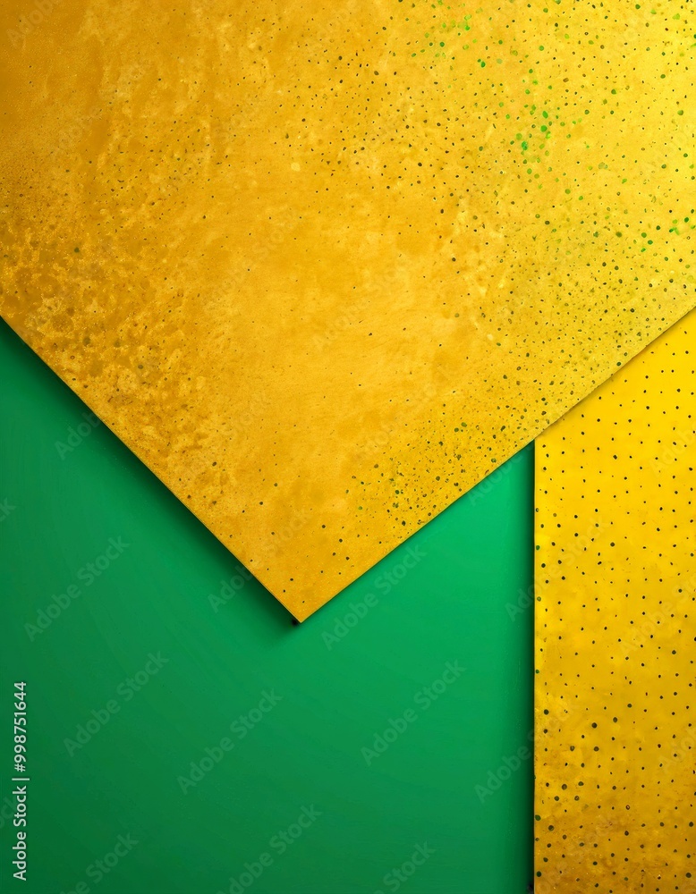 Poster a geometric composition with a yellow and green color scheme, featuring a textured surface and a contrasting green background