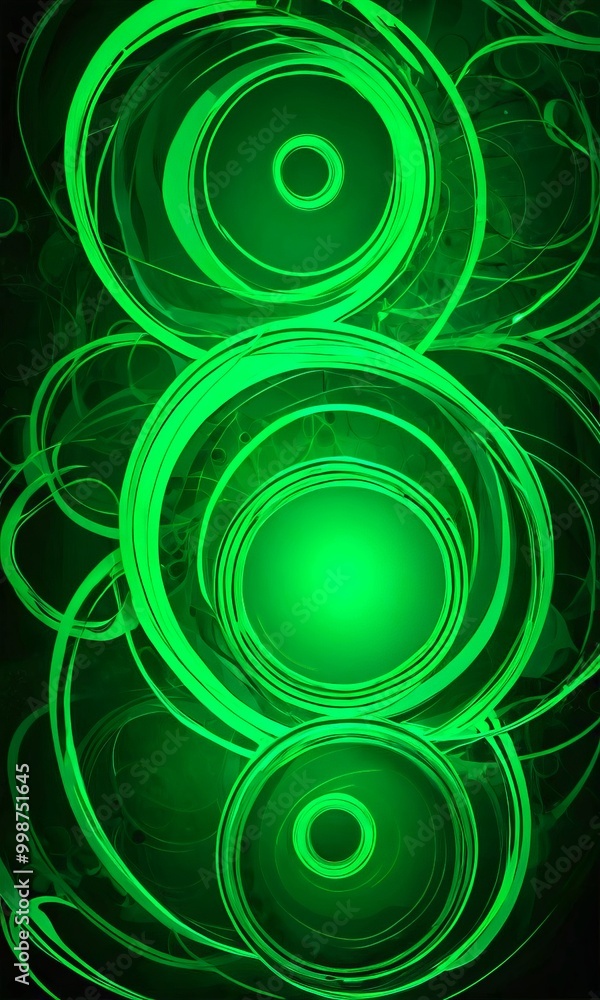 Poster a vibrant abstract composition of overlapping green circles, creating a dynamic and visually striking pattern