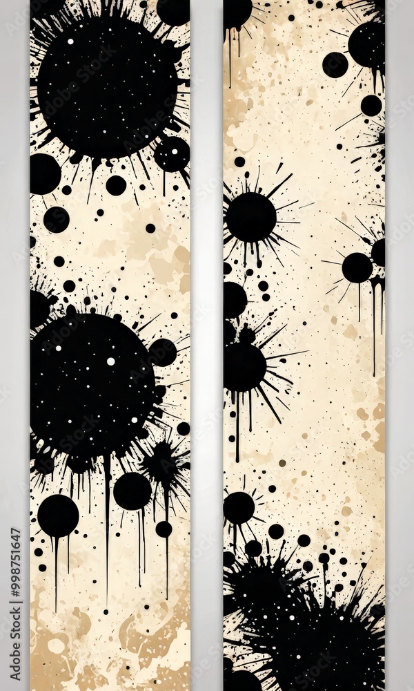 Poster two vertical panels with a black and white abstract design The left panel has a large central black blob surrounded by smaller black dots, while the right panel has a