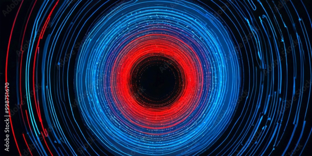 Poster a digital illustration circular pattern with concentric circles of varying sizes, transitioning from red to blue and black The central circle is a