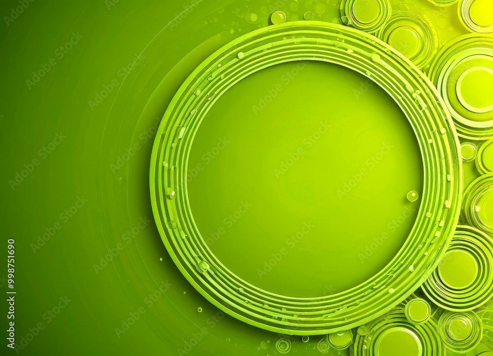 Poster A circular frame with concentric lines and water droplets is centered against a vibrant green background