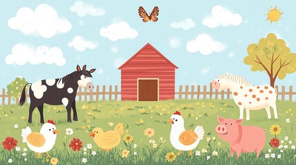 Obraz premium Flat countryside scene featuring a barnyard with domestic animals such as a horse, cow, pig, and chickens grazing, Farm Animals, Rural farmyard illustration