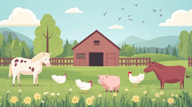 Flat countryside scene featuring a barnyard with domestic animals such as a horse, cow, pig, and chickens grazing, Farm Animals, Rural farmyard illustration