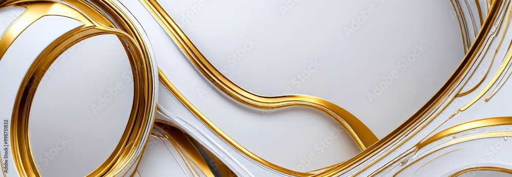 Poster a close-up view white surface adorned with gold-colored curved lines, creating a visually striking abstract design