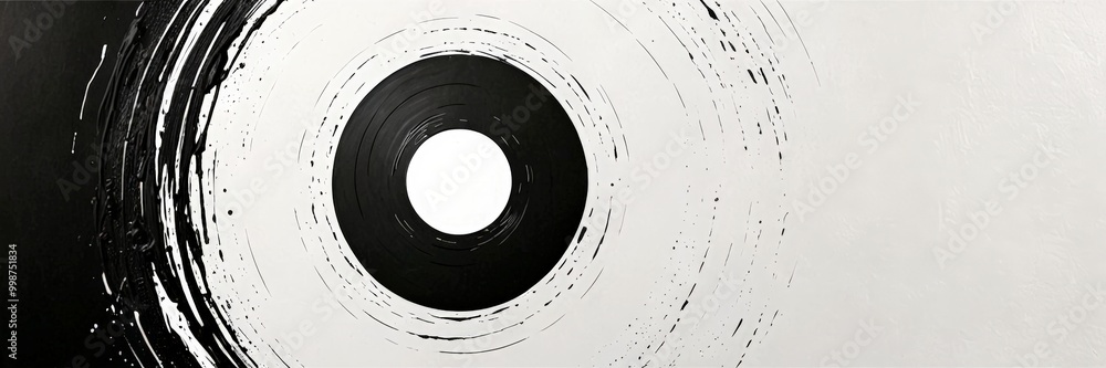 Poster a striking black and white abstract composition dominating the center of a large circle, its white c