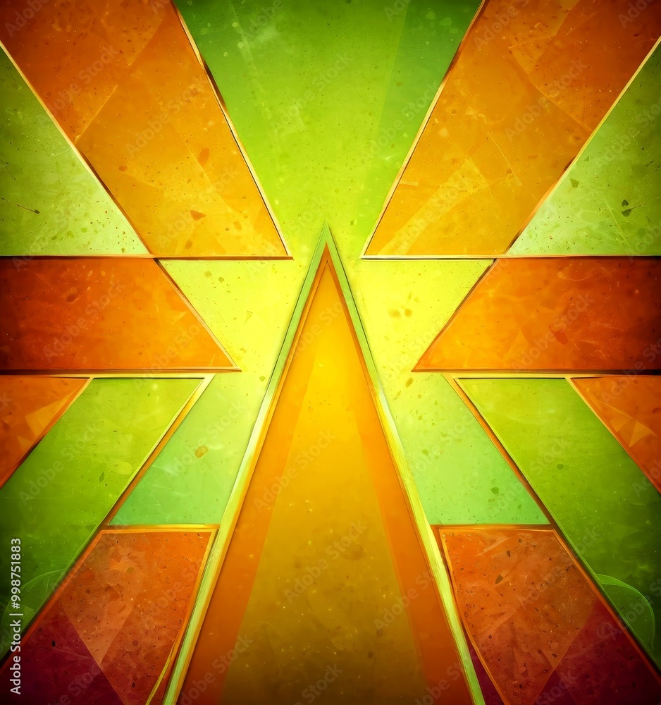 Leinwandbilder a vibrant abstract composition with a central triangle in shades of yellow and orange, surrounded by a symmetrical arrangement of eight smaller triangles in various shades