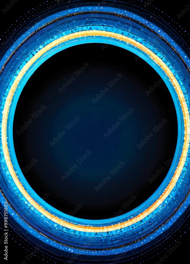 Poster a circular frame with a dark background and a vibrant blue and yellow border The border is composed of concentric circles, each with a unique pattern of blue and yellow