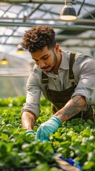 Man in a large industrial greenhouse with fresh natural plants. Concept of growing healthy food, diet, vegetarianism and technology. AI generated.