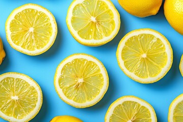 Obraz premium Stylish yellow lemon slice pattern on light blue background. A minimal summer concept.