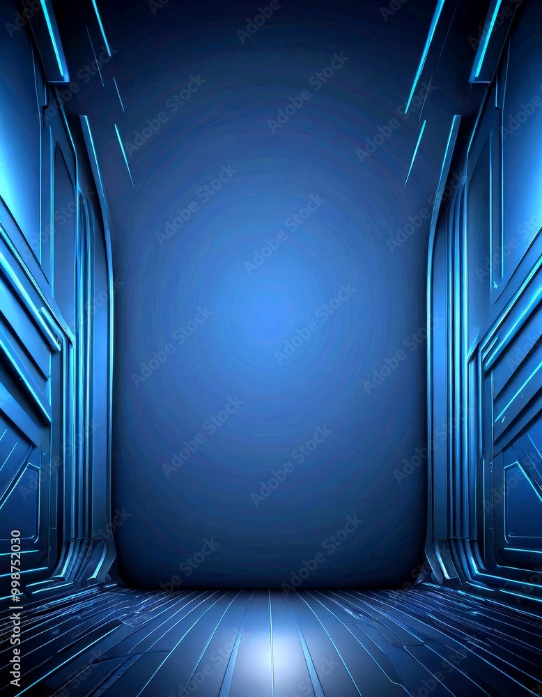 Poster a futuristic, dark blue corridor with a smooth, polished floor and a large, empty space in the cente