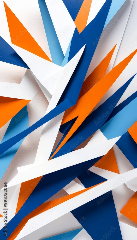 Poster a digital illustration featuring a complex arrangement of overlapping geometric shapes in various shades of blue, white, and orange