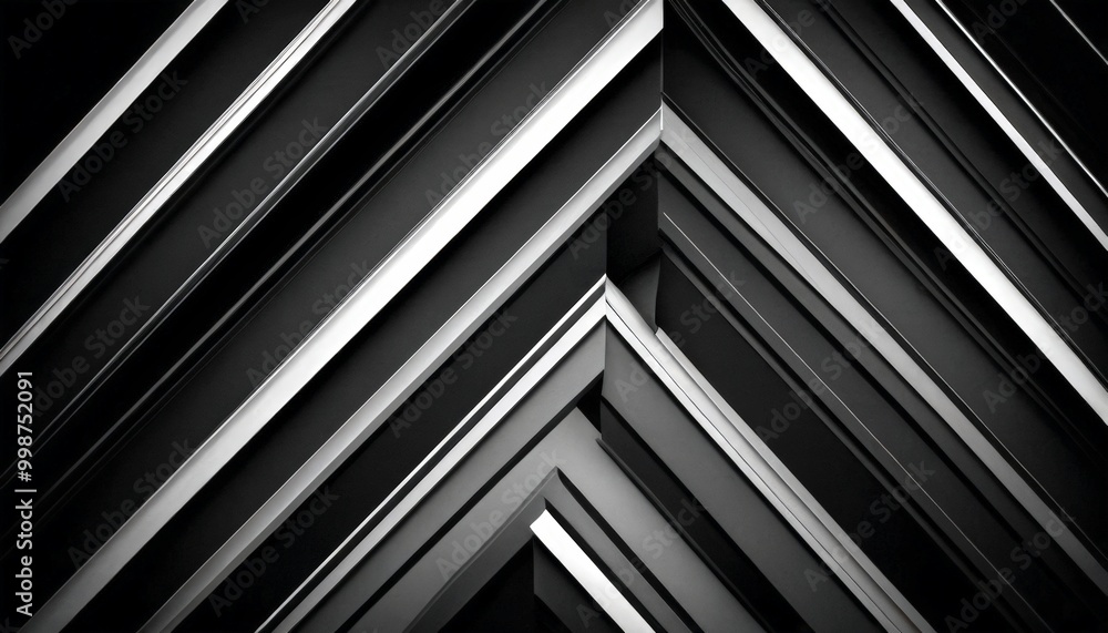 Poster a black and white abstract composition featuring diagonal lines intersecting at an angle, creating a sense of depth and perspective