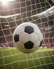 Fototapeta premium Soccer ball resting inside the net, with sunlight filtering through, symbolizing the aftermath of a goal and the excitement of victory in sports