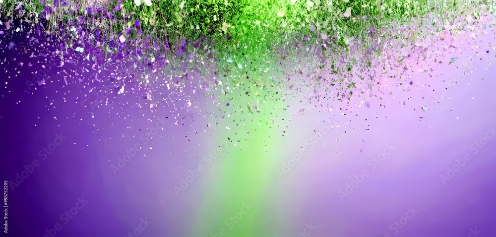 Poster a gradient background transitioning from purple to green, with a scattering of small white and purple confetti or particles falling from the top right corner, creating a sense