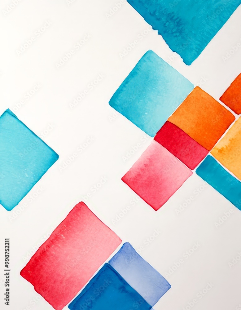 Fototapete a vibrant abstract composition of overlapping watercolor squares in various shades of blue, pink, or