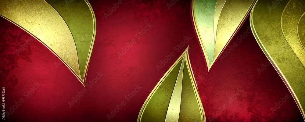 Fototapete a vibrant abstract composition with overlapping curved lines in shades of green and gold against a deep red background.