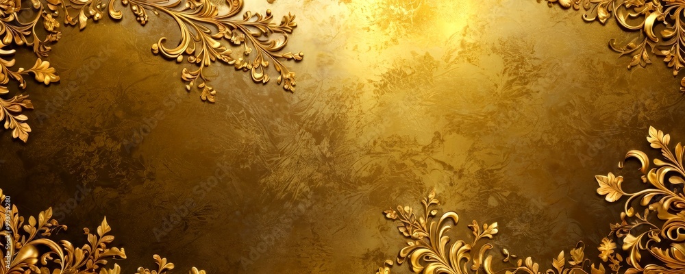 Poster a rich, golden-brown background with intricate, ornate gold leaf designs on either side, creating a 