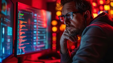 Focused Programmer in a Dimly Lit Workspace