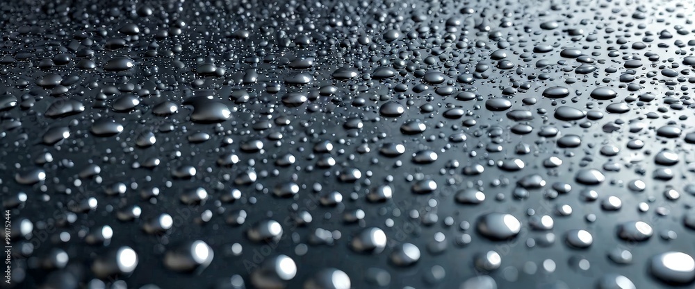 Poster A close-up view dark surface with numerous water droplets scattered across it, creating a textured and reflective appearance