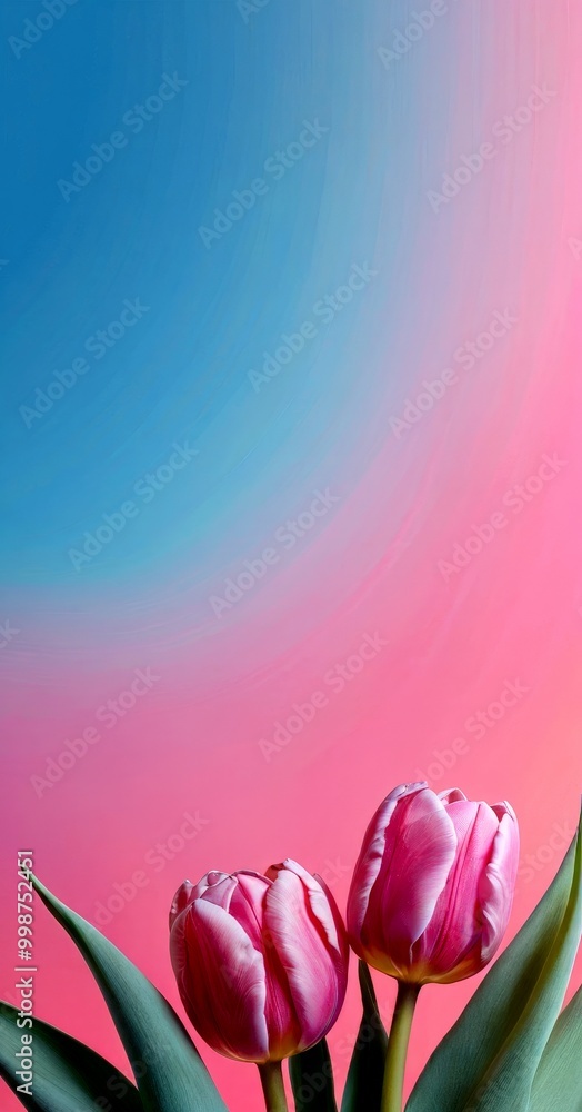 Poster two pink tulips stand against a gradient background of blue and pink hues, creating a serene and vis
