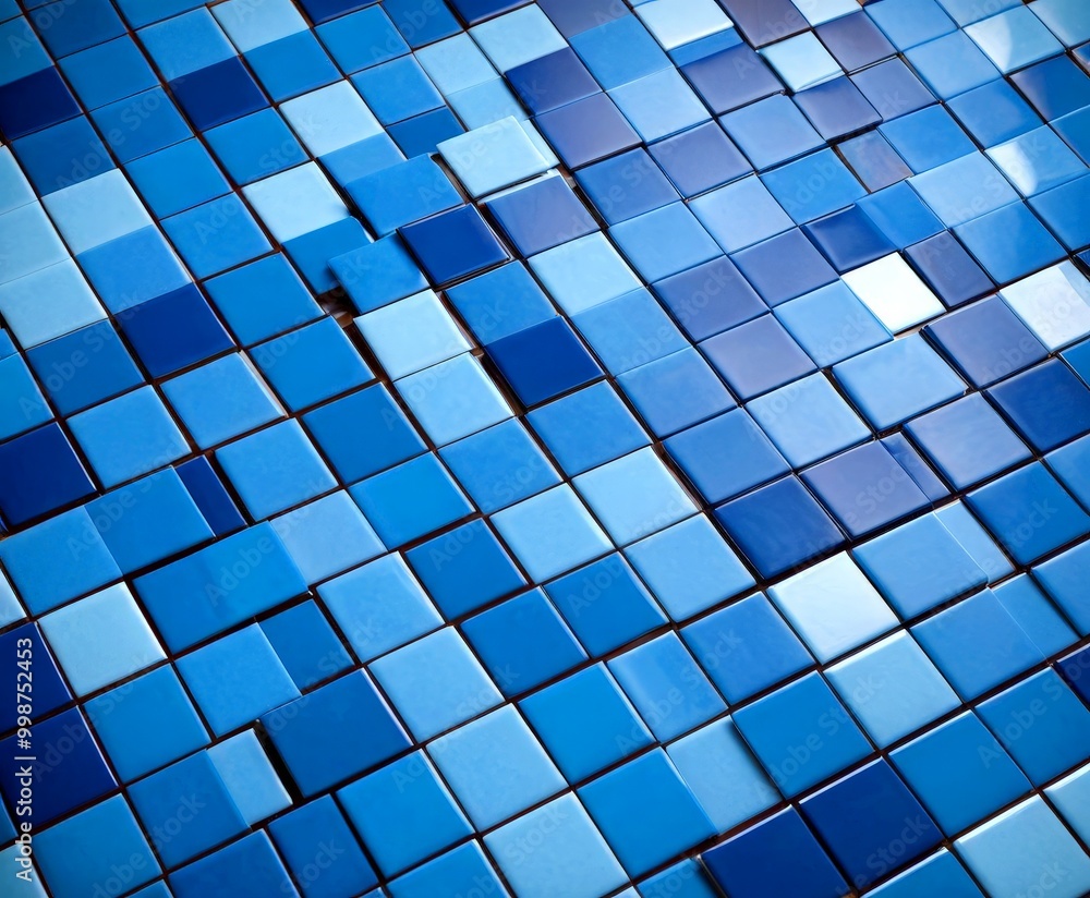 Poster A close-up view mosaic of blue square tiles arranged in a grid pattern, with some tiles missing or partially obscured