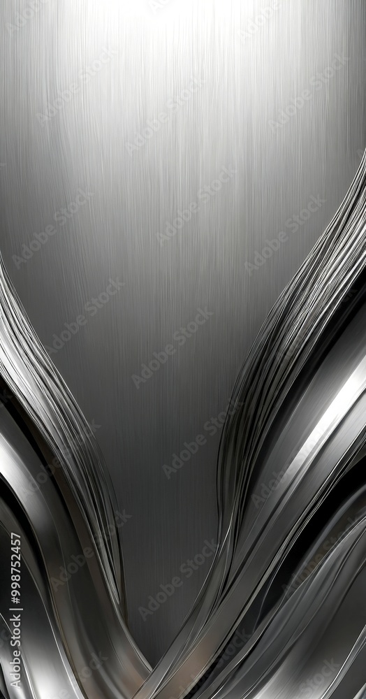 Poster a metallic surface with a gradient of gray and black, creating a sense of depth and movement The curved lines and ridges add a dynamic element to the composition