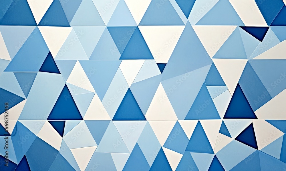 Poster a geometric pattern composed of numerous blue triangles arranged in a grid-like fashion, creating a 