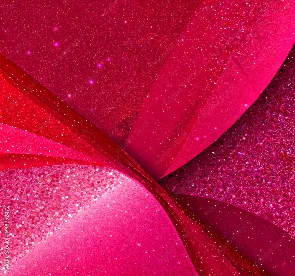 Poster a vibrant abstract composition of overlapping red and pink shapes, with a glittery texture and a starry background