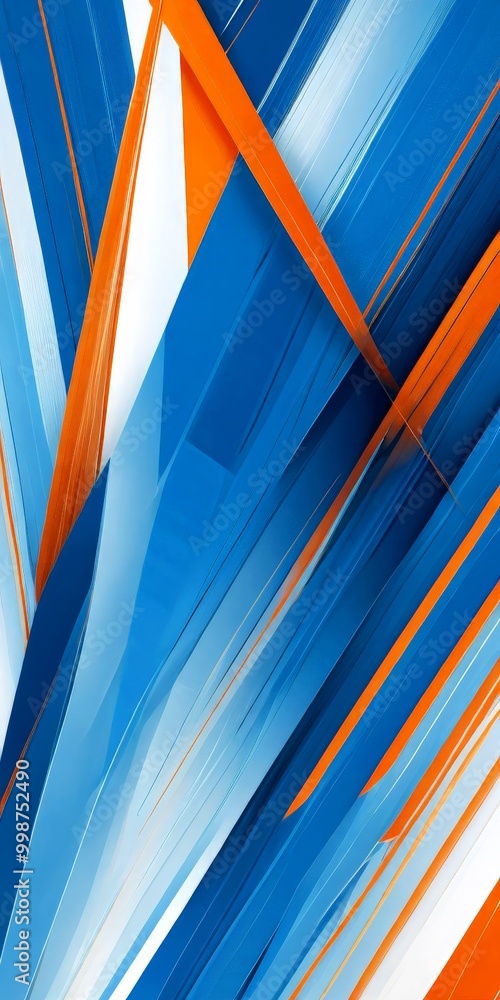 Poster a digital illustration featuring a vibrant abstract composition of intersecting lines in various shades of blue, white, and orange, creating a dynamic and