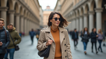 Obraz premium Fashionable Woman Walking in Milan: Street Style and Urban Fashion Trend in European City Street