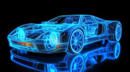Naklejka premium Futuristic 3D Wireframe Car Model in Neon Blue - Digital Automotive Engineering with Transparent Inner Mechanisms