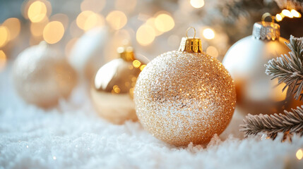 Banner with Christmas golden balls decorations on snow with fir tree branches and christmas lights. Winter Decoration Background with copy space for text. Sale, promotion, greeting card