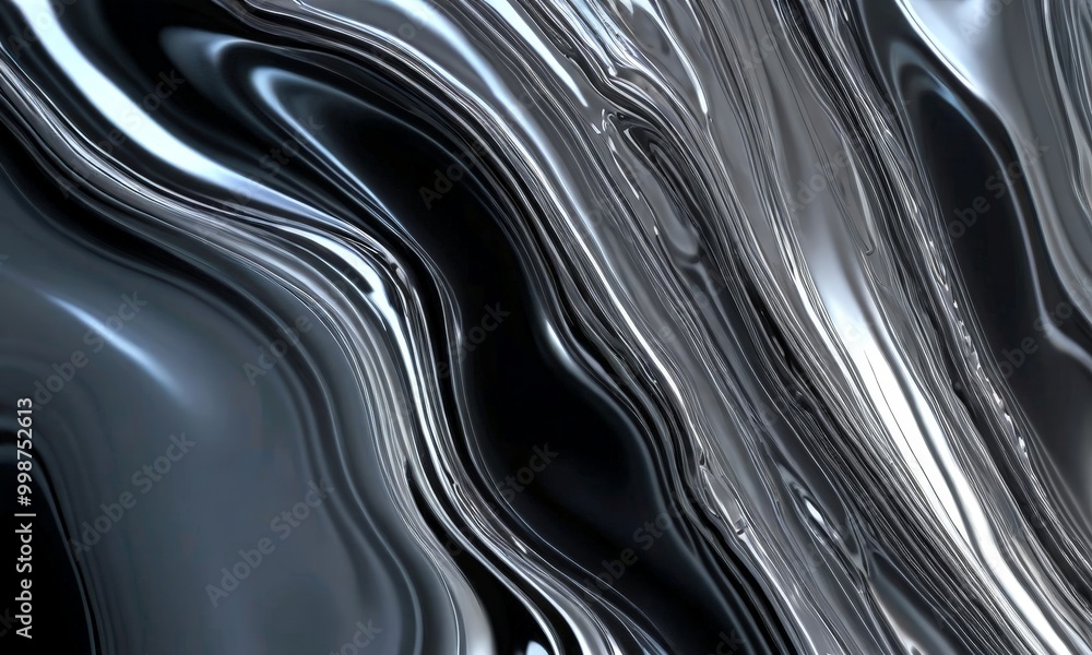 Poster a close-up view metallic surface with a swirling, abstract pattern of black and silver lines, creating a sense of movement and fluidity