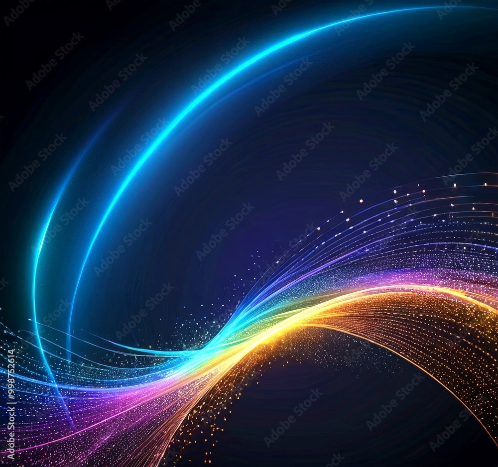 Poster a vibrant abstract design with a gradient of blue, purple, orange, and yellow hues, along with a wav