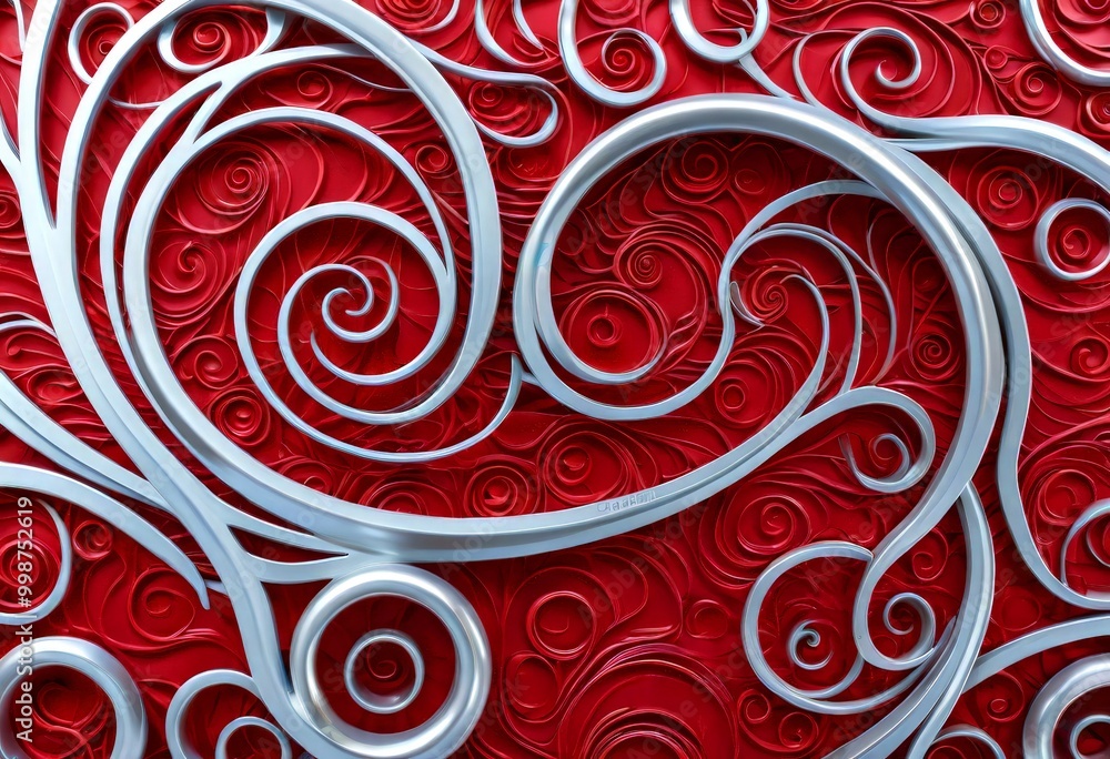 Leinwandbilder a close-up view red and silver patterned surface, with a repeating pattern of curved lines and circles