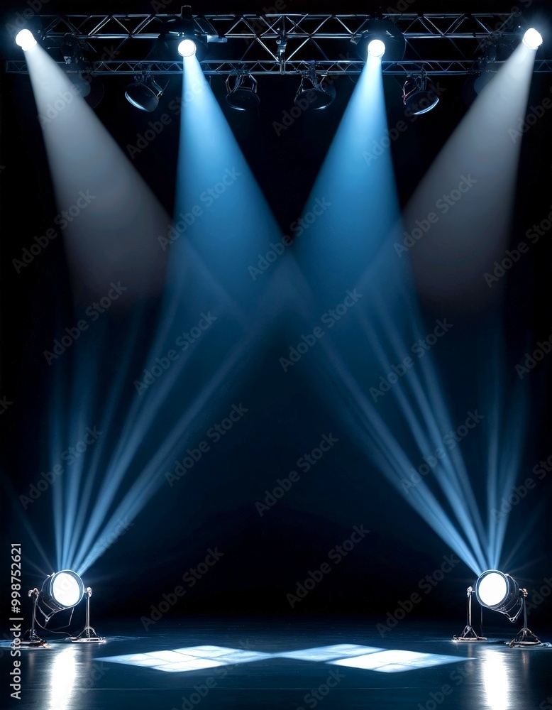 Aufkleber A dramatic stage setup with a dark background, featuring two spotlights on either side of a central light source, creating a symmetrical and visually striking effect.