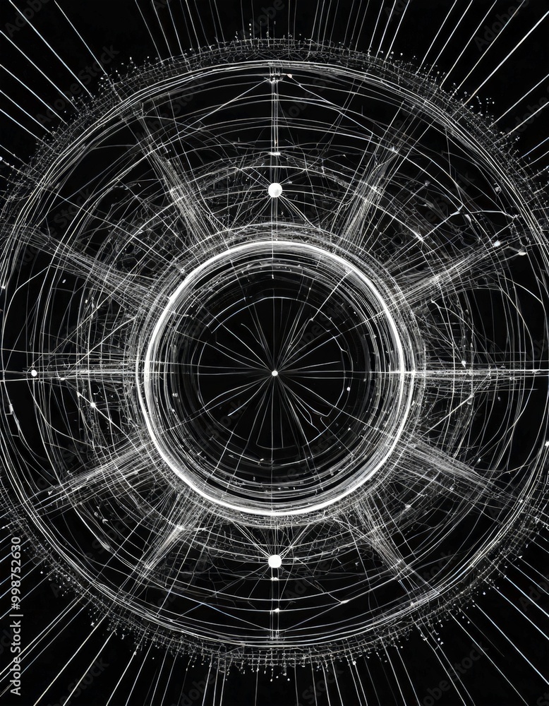 Aufkleber a digital illustration featuring a complex network of interconnected lines and dots, resembling a black and white abstract design