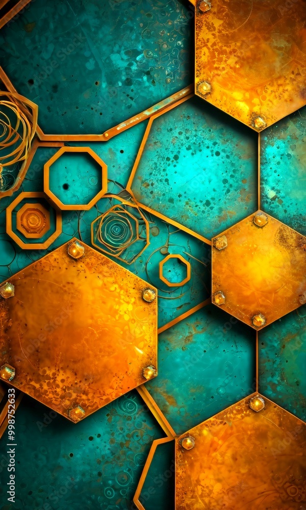 Poster a complex arrangement of hexagonal shapes in shades of orange and teal, with metallic elements and a textured background