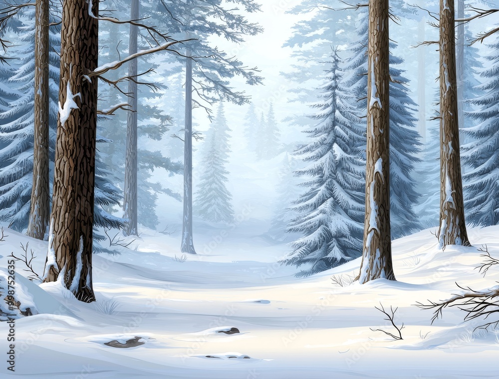 Poster this pattern uses a seamless background with a foggy spruce forest. isolated fir trees are shown on 
