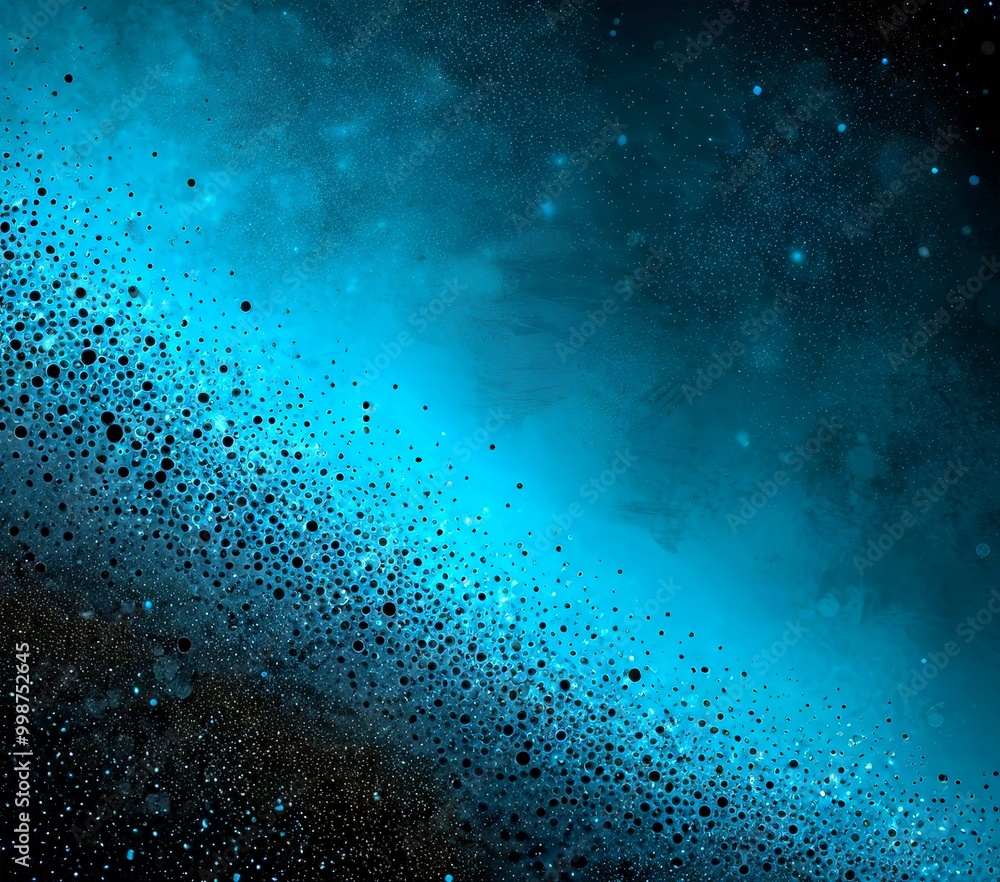 Poster a captivating abstract composition of black and blue dots, creating a sense of depth and movement The dots are scattered across the , with