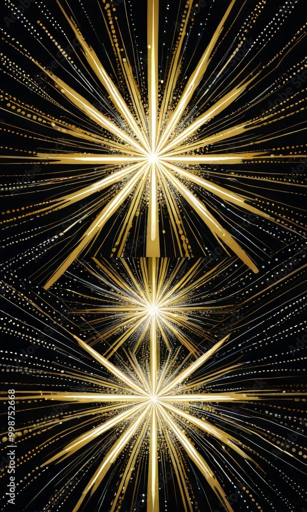 Poster a striking abstract design with a central starburst radiating outwards, surrounded by a multitude of smaller starbursts radiating outwards in a symmetrical pattern The