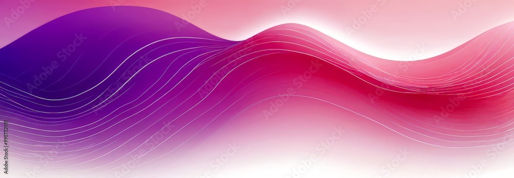Poster a gradient of pink and purple hues, with a wave-like pattern of curved lines the colors are predomin