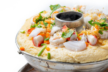 Steamed eggs with shrimp and vegetables