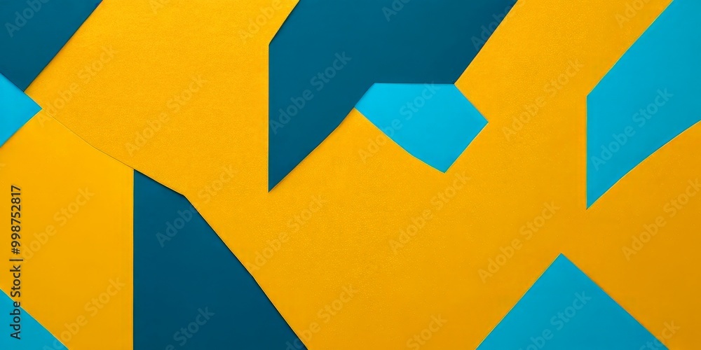 Poster a geometric pattern composed of overlapping triangles in various shades of yellow and blue, creating