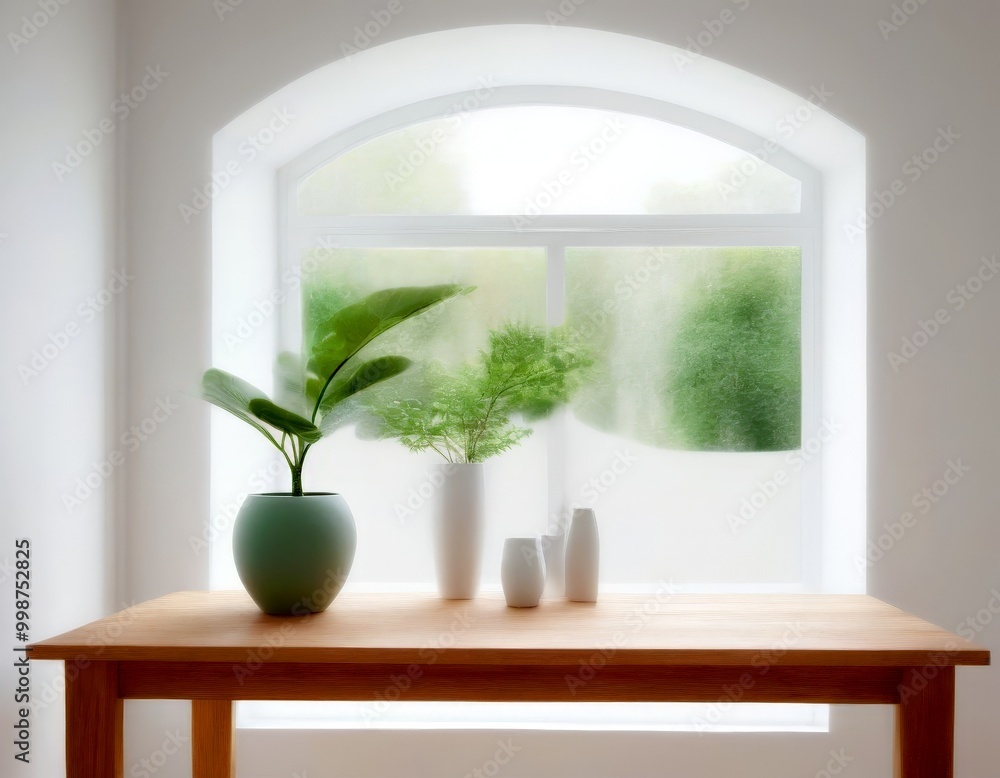 Poster A wooden table with a green vase and two white vases sits in front large arched window, with a view of trees outside