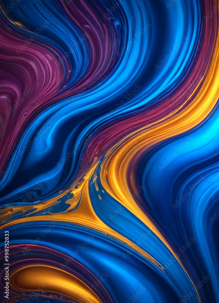 Poster a vibrant abstract pattern with swirling lines and shapes in shades of blue, purple, and gold, creating a dynamic and visually striking composition