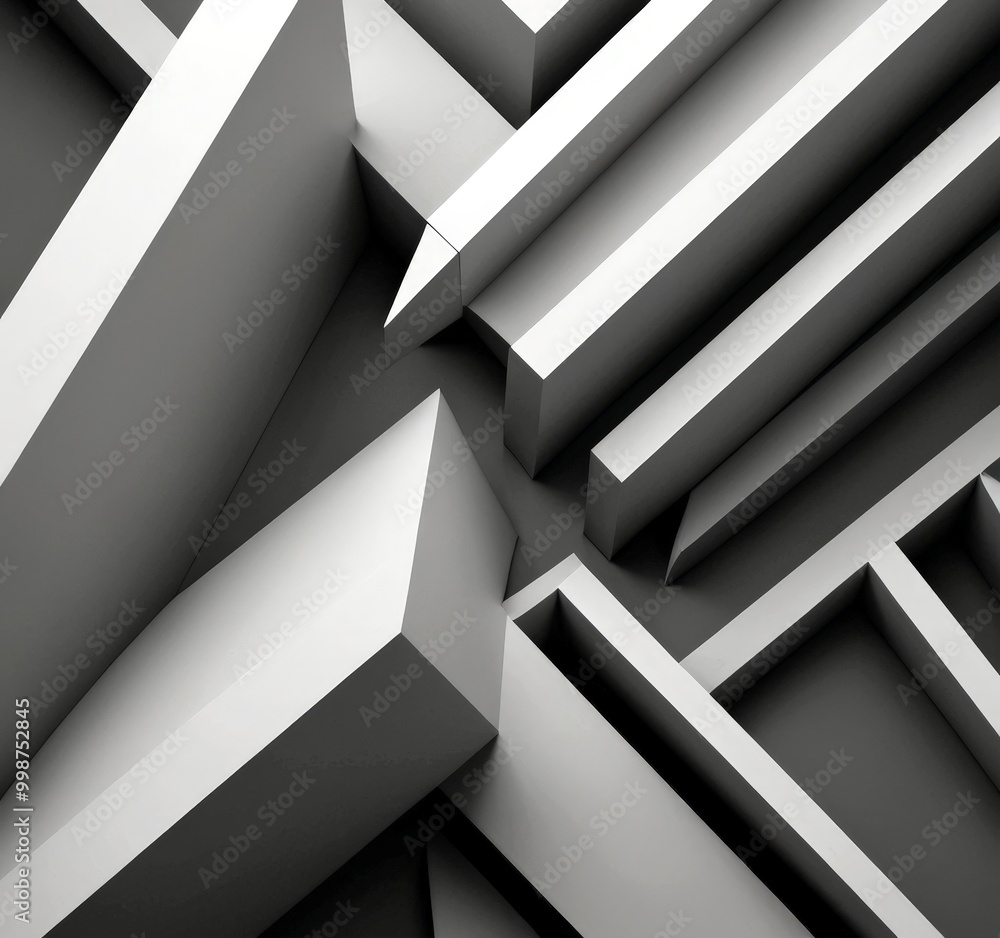 Poster a black and white abstract composition featuring a complex arrangement of intersecting lines and rectangles, creating a sense of depth and dimensionality