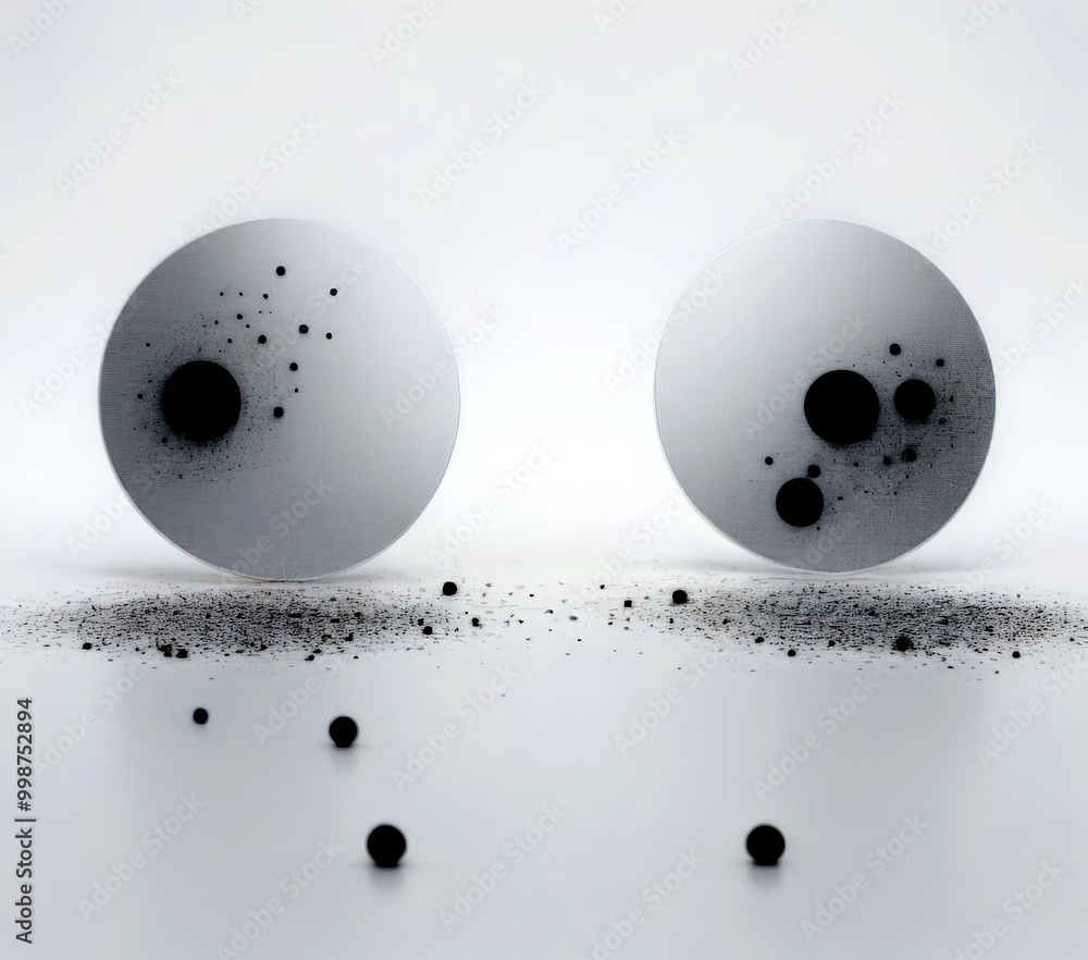 Leinwandbilder two white circles with black dots on them, set against a white background small black dots are scatt