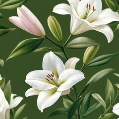 Obraz premium Seamless watercolor pattern with lilies, roses, and white apple blossoms